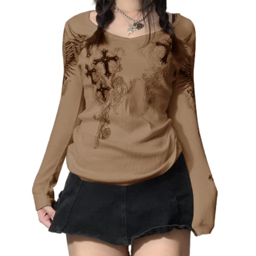 Y2K Fairy Grunge Long Sleeve Top Graphic Print Crop Top Tee